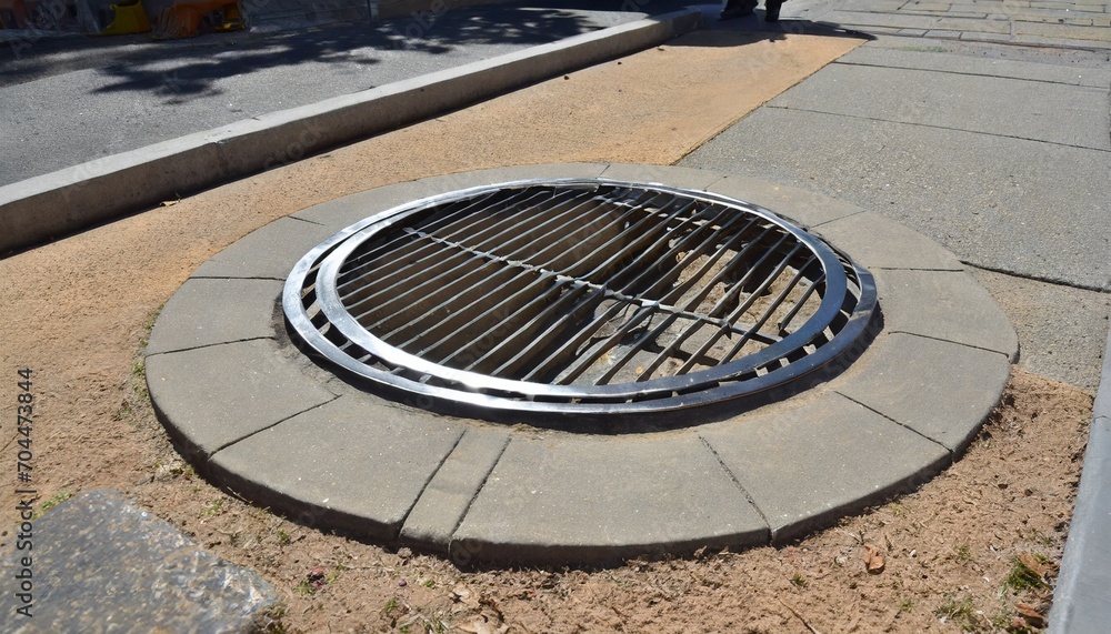 grille drain of sewer around the street or walkway water recirculation system wastewater treatment grille of the drainage system on the pedestrian sidewalk