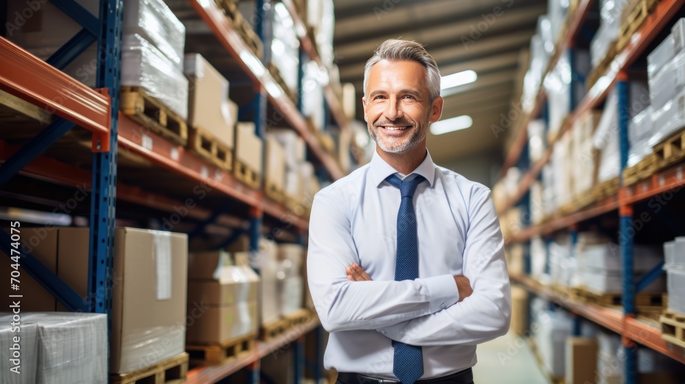 Smiling supervisor looking at stock arranged on shelves in warehouse Smiling supervisor looking at stock arranged on shelves in warehouse