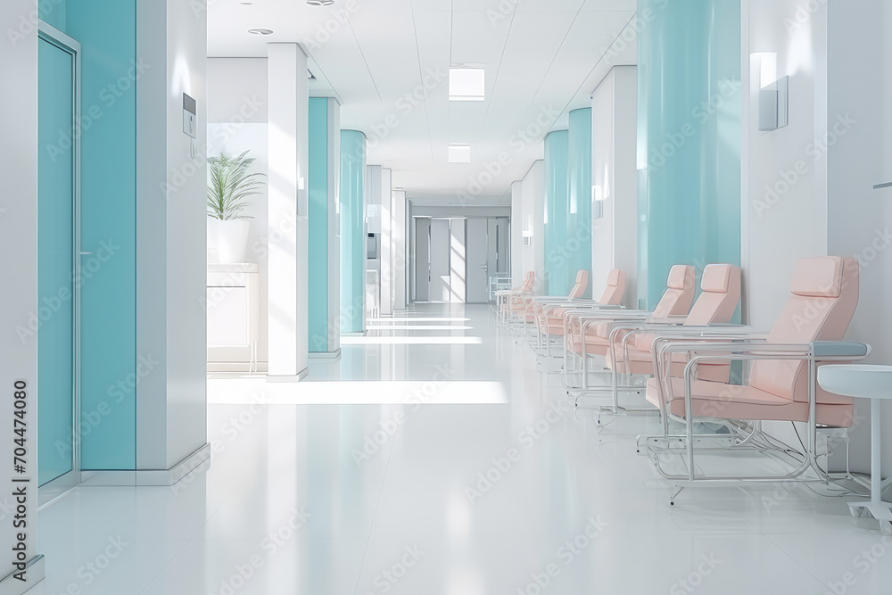 A visually appealing and clean corridor of a healthcare facility, highlighting the modern design and patient care focus in hospital interiors. - obrazy, fototapety, plakaty 