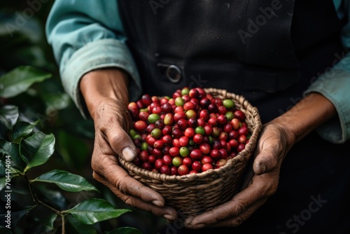 raw coffee berries in hands close-up 