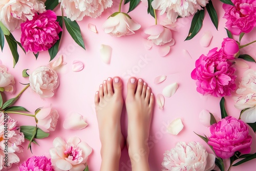 Womans feet with perfect pink pedicure on a pastel pink background with fresh peonies top view