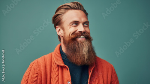 closeup portrait red haired man with beard in park outdoor. pensive attractive redhead ginger guy with on natural background