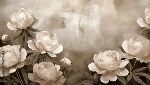 sepia peonies flowers painted on a concrete grunge wall photo wallpaper wallpaper mural card postcard design in the modern loft style