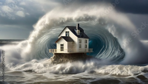 huge tsunami perfect storm big waves miniature house model generative ai