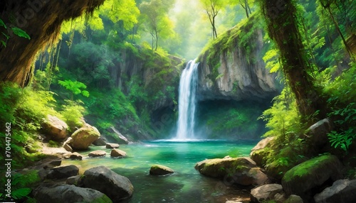 a scenic view of a waterfall in a lush forest with a hidden cave behind it fantasy concept illustration painting generative ai