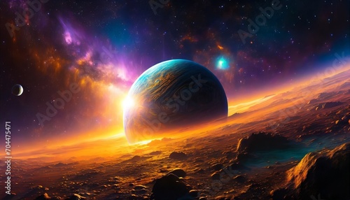 an alien planet floats in cosmic space bathed in a fantastic orange glow this game concept art captures the nebulous galaxy futuristic exploration abstract science of the universe generative ai