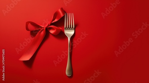 Top-down view. Fork knife spoon with ribbon on red. 