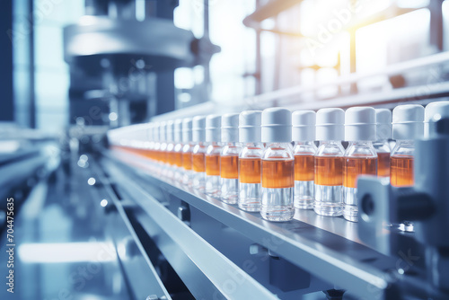 Featuring a pharmaceutical factory's production line, where medical vials and glass bottles are processed with high precision, emphasizing quality and efficiency.
