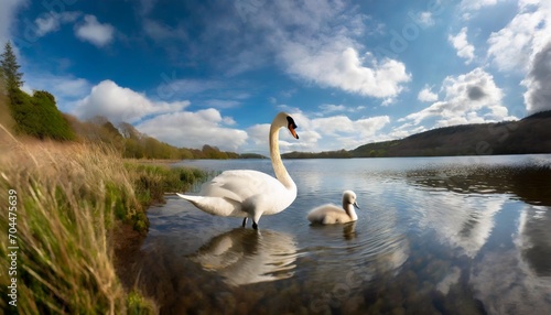 swan and a cygnet by the loch