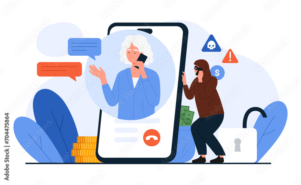 Elderly woman on mobile phone screen talking to scammer, scam and phishing vector illustration. Cartoon unknown robber in mask calls grandmother to steal money, personal financial information