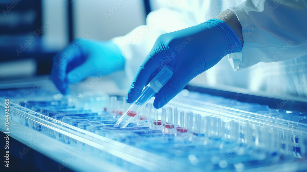 A scientist in blue gloves skillfully uses a pipette for DNA testing, highlighting the precision and technology in a modern laboratory environment. A scientist in blue gloves skillfully uses a pipette for DNA testing, highlighting the precision and technology in a modern laboratory environment.