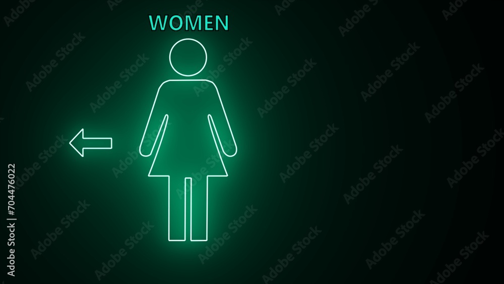 WC toilet sign neon light design. Glowing line outline neon woman icon on a black background. Woman with skirt neon icon. Toilet sign icon neon light glowing woman. WC toilet sign neon light design. Glowing line outline neon woman icon on a black background. Woman with skirt neon icon. Toilet sign icon neon light glowing woman.