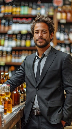 At the booze store counter, a businessman pays the cashier..