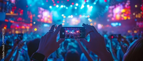 Using camera phones in a crowd during a technology conference . photo