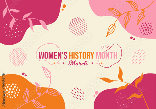 Women History Month Boho Art Style Background. Women’s History Month March Awareness Celebration Banner Vector Illustration. Modern Trendy color palette. Website header, social media post, promotion photo