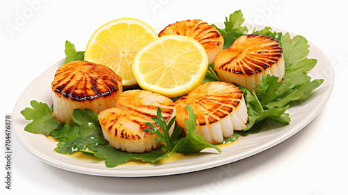 Grilled scallops with lemon slices and greens
