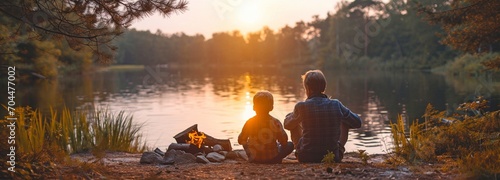 grandparents and their grandchildren beside a campfire in the sunlit woods by a lake .