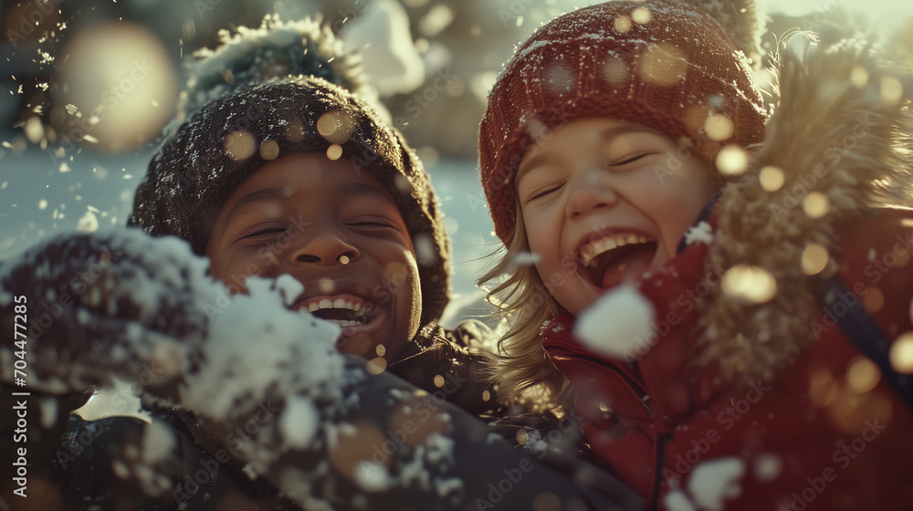 Children Joyfully Playing Snowball Fight Children Joyfully Playing Snowball Fight