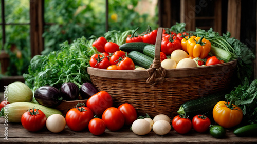 close-up of vegetables peppers, tomatoes, eggplants, garlic, zucchini, pathesson, celery, zucchini, onions, generated by AI