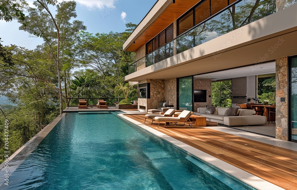 a contemporary living room and a lap pool.