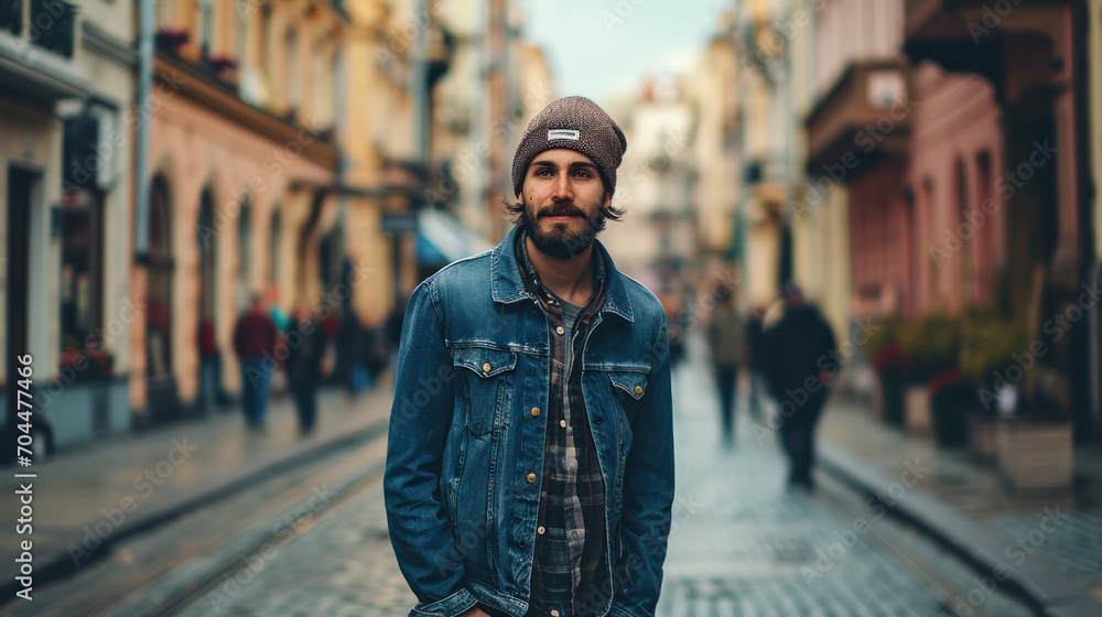 Fototapeta premium Male tourist having fun on summer vacation on city street