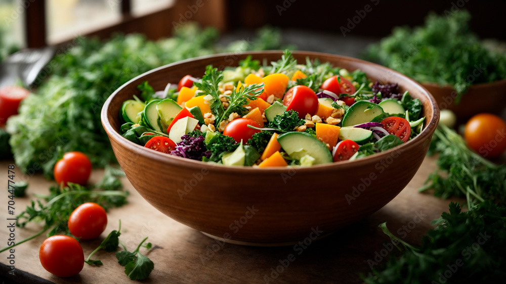 vegetable salad close-up with tomatoes, cucumbers, parsley, radishes seasoned with spices and lemon, AI generated vegetable salad close-up with tomatoes, cucumbers, parsley, radishes seasoned with spices and lemon, AI generated