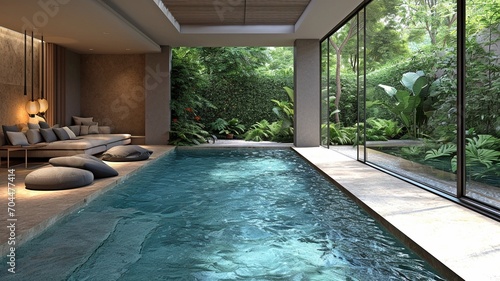 a contemporary living room and a lap pool. © tongpatong