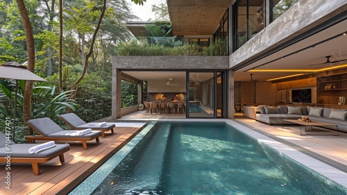a contemporary living room and a lap pool.