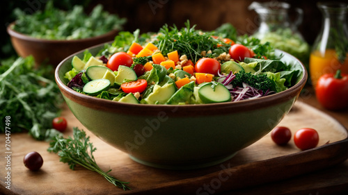 vegetable salad close-up with tomatoes, cucumbers, radishes, dill seasoned with spices and lemon, AI generated