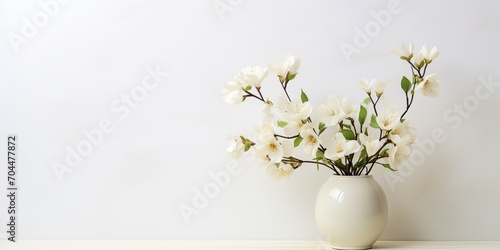 Stylish floral arrangements for home decor  Delicate white flowers in a vase on a white wall.