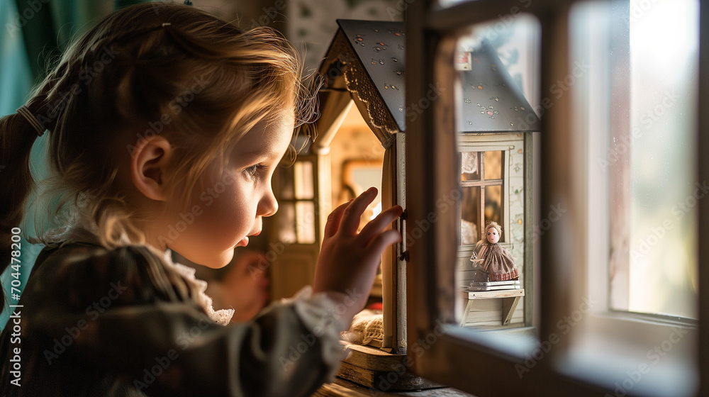 Adorable little girl curious and looking at an old doll house, lost in her thoughts and dreams Adorable little girl curious and looking at an old doll house, lost in her thoughts and dreams