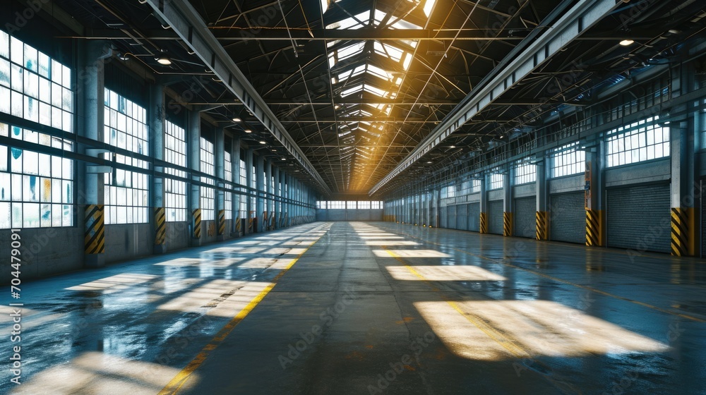 Industrial Warehouse Interior with Modern Architecture and Empty Floor Space