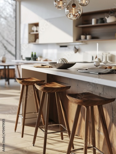 Scandinavian Kitchen Interior with Wooden Stools and Modern Design