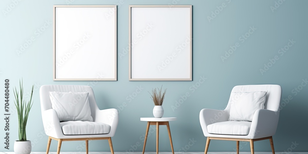 Vertical artwork templates in interior design, featuring two blank picture frame mockups on a wall. Vertical artwork templates in interior design, featuring two blank picture frame mockups on a wall.