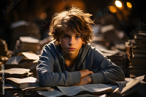 Sad tired boy sitting and looking in to books and notebooks, close-up. Education, school, learning difficulties, dyslexia concept
