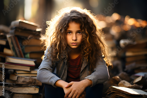 Sad tired girl sitting and looking in to books and notebooks. Education, school, learning difficulties, dyslexia concept photo
