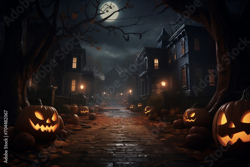 Spooky halloween cartoon pumpkin jack o lantern heads in front of a graveyard with spooky buildings in the background lit up by full moon. Generative AI