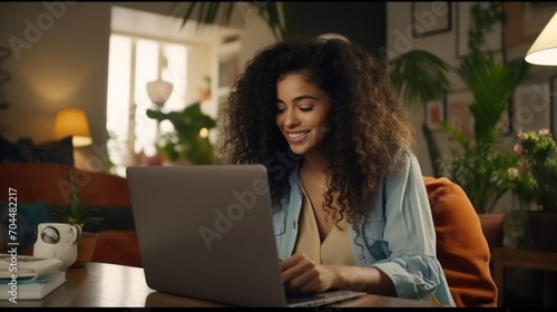 Young woman using laptop while sitting at table in living room at home