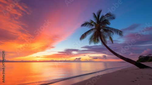 Breathtaking view of sunset at tropical beach with palm silhouette