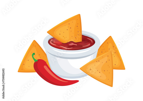 Nachos with red spicy salsa sauce and chilli pepper vector illustration. Nachos corn chips with tomato salsa sauce icon vector isolated on a white background. Salty snacks tortilla chips drawing