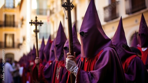 Holy Week , group of penitents holding a cross dresses  with vivid colors
 photo