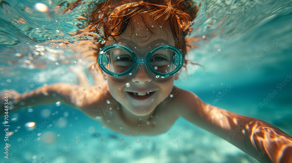 A child underwater, smiling at the camera