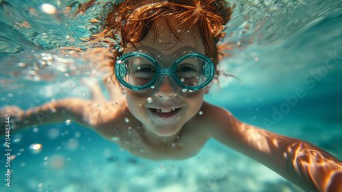 A child underwater, smiling at the camera