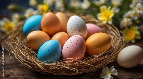 easter eggs in a basket, easter eggs in a nest, easter eggs in the grass, colored easter eggs, happy easter scene