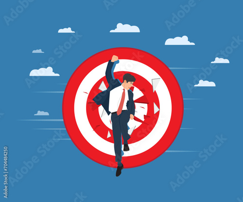 Businessman successfully achieves the goal, business operation succeeds according to the goal.Vector illustration.