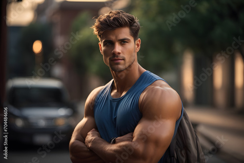 A muscular man confidently poses for a picture, arms crossed, exuding self-assurance and composure. created with generative AI technology © theartofphoto