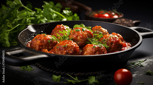 Meatballs served with tomato sauce in frying pan