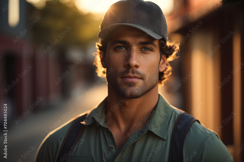 A man is seen wearing a hat and a green shirt, standing outdoors. created with generative AI technology A man is seen wearing a hat and a green shirt, standing outdoors. created with generative AI technology