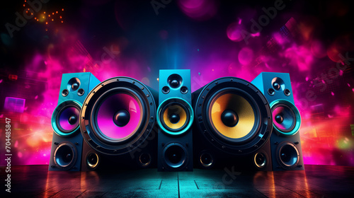 Disco party flyer, Dj in the nightclub, Background with speakers, Disco party vibe Colorful speakers in the background creating excitement, Electrifying Night A Black, Pink, Blue, and Music Party, Ai 
