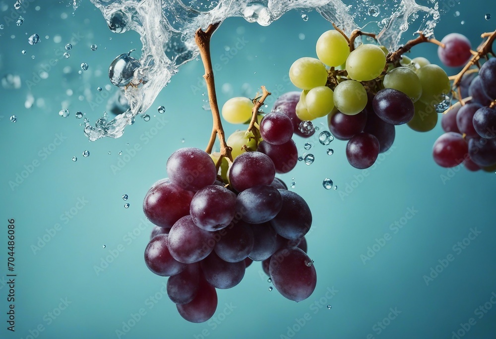 Bunch of grapes flying in the air with splashes of water on light blue background